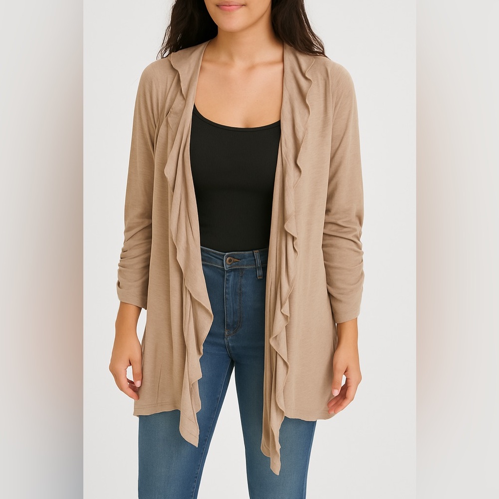 French Laundry Tan Open Front Cardigan Draped Lightweight Sweater Size S